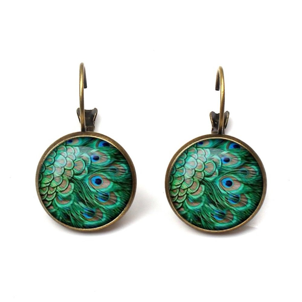 Boho Peacock Feather Bronze Earrings - Picture 3 of 3